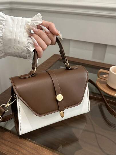 حقيبة يد نسائية جديدة عصرية وشاملة من جلد البولي يوريثان باللونين المتباينين