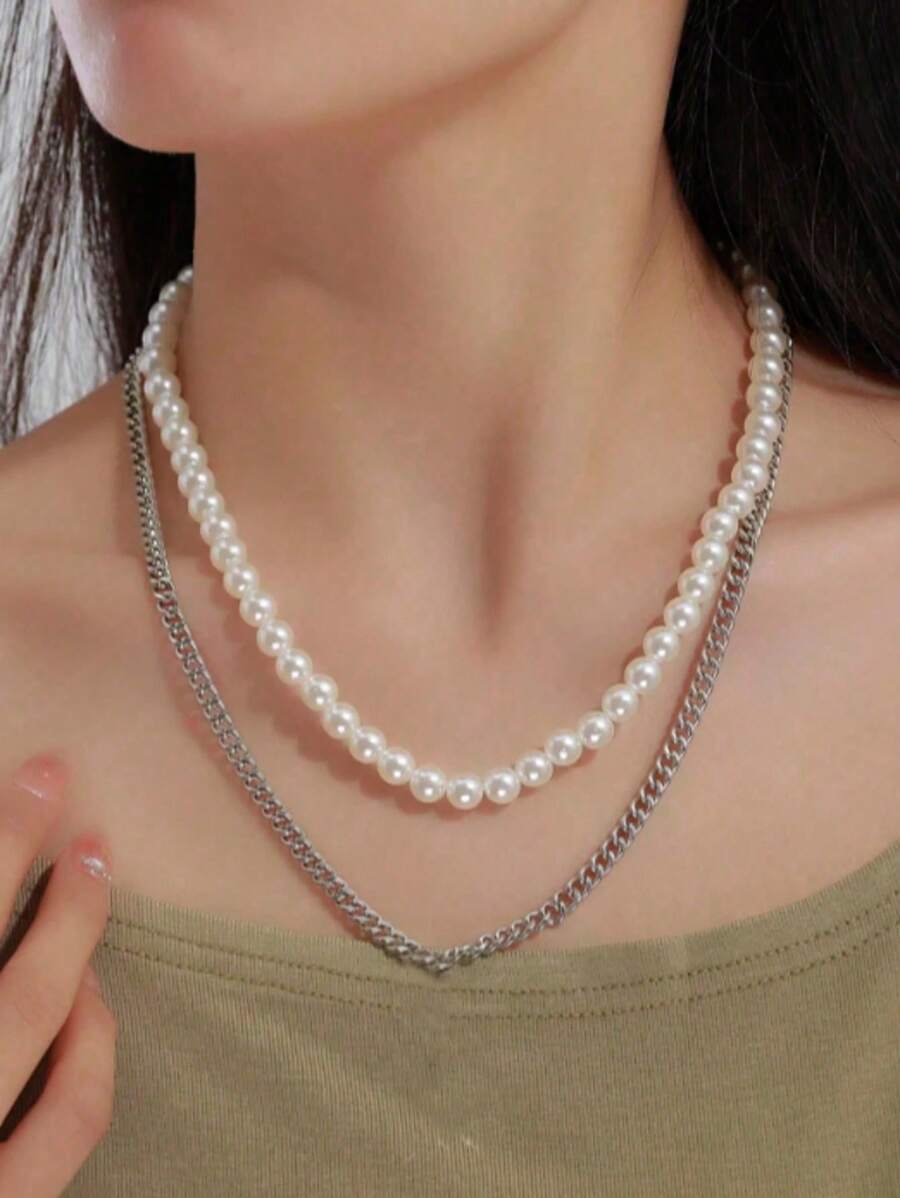 2 pièces/set de colliers avec double couche de faux perles et chaînes d'os de serpent. Ensemble de colliers ras-du-cou personnalisés à la mode. Collier vintage en acier inoxydable pour femmes - Argent - Voir 1