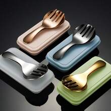Stainless Steel Portable Cutlery Set, Spoon And Fork, Outdoor Travel Picnic Box, Random Color,School Supplies