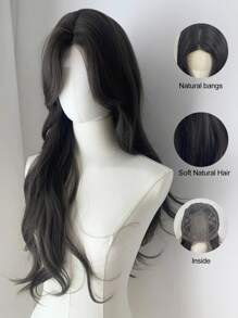 角色扮演前额蕾丝长波浪假发，中分假发，前额形蕾丝 4*1 棕黑色 26 英寸半编织日常自然、光滑、逼真假发 - 黑棕色 - 查看 5