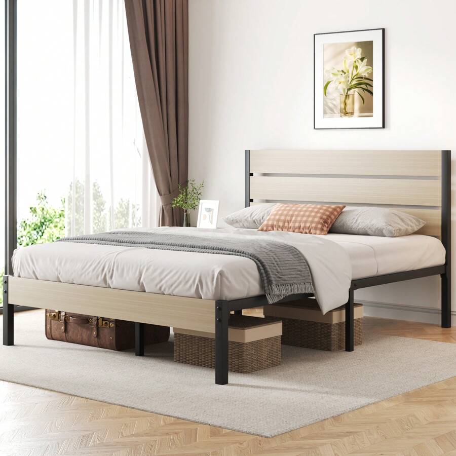 Gunji Twin & Full & Queen Bed Frame With Headboard And Footboard , 12.2in Under Bed Storage, All-Metal Support System, No Box Spring Needed,Noise Free, Easy Assembly - Beige - View 1