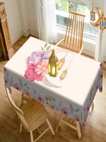 1 pezzo Tovaglia con design floreale di luna e lanterna, semplice e fresca, molto adatta per raduni familiari, decorazioni per tavoli da pranzo e decorazioni per le festività - Multicolore - Visualizzare 11