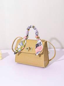 1pc Girls Mini Solid Color Crossbody Bag With Scarf Decor, Handheld Purse, Ideal Gift, Suitable For Daily Use - Khaki - View 3
