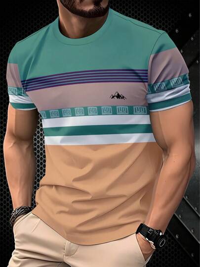 “活力条纹男士 T 恤：带有山脉图案的圆领短袖上衣