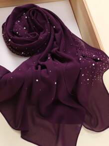 1pc Heavily Embellished Chiffon Rhinestone Hijab Scarf For Abaya - Dusty Pink - View 8