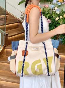 1 件女士休闲时尚撞色尼龙面料单肩托特包，大容量，配有抽绳和磁扣，适合旅行、约会、青少年、大学生和职业女性，非常适合办公室、学校、工作、商务、通勤、户外、旅行、艺术风格青少年书包、女士或学生书包，非常适合书籍、购物、返校等 - 彩色 - 查看 4
