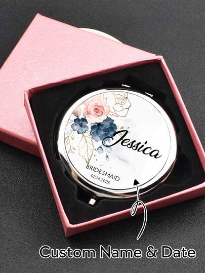 Miroir de maquillage personnalisé pour demoiselle d'honneur avec nom et date, design floral à la mode en or, argent, or rose électrolytique. Miroir de voyage pliable portable pour femme, fait soi-même