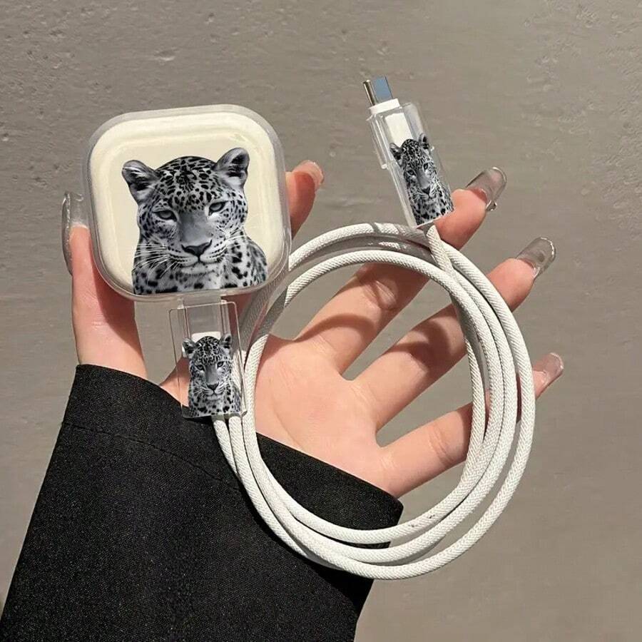 3 件兼容 风格豹纹数据线保护壳,25W 插头充电器保护套,适用于英国标准兼容 数据线保护器、充电器保护器 - 灰色 - 查看 1
