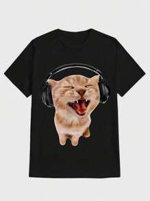 Silly Cat With Headphones T-Shirt Casual Digital Print  Pure Heavy Cotton T Shirt - Negro - Ver 1