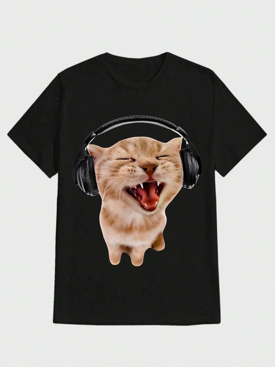 Silly Cat With Headphones T-Shirt Casual Digital Print  Pure Heavy Cotton T Shirt - Negro - Ver 1