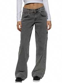 Women's Spring Summer Denim Pants Low Waist Straight Leg Trousers With Multi Pockets - Dark Grey - View 5