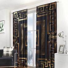 2Pcs Black & Gold Square Classic Pattern Digital Print Semi-Sheer Curtains, Rod Pocket Style, Polyester Material, Suitable For Living Room, Bedroom, Study, Office, Home Decor