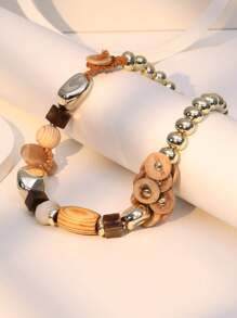 1pc Natural Wood & Coconut Shell Beaded Necklace, Casual Fashion Accessory For Women, Suitable For Beach, Daily Wear - Coffee - View 3