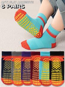 6 Pairs Mixed Color Anti-Slip Grip Socks For Toddlers Boys Girls, With Colorful Stripes, Suitable For Trampoline, Indoor, Home, Short Ankle Style, Elastic Cuff, Ideal For Spring, Autumn, Kids Children - Multicolor - View 1