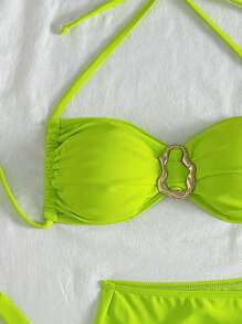 Spring Break & Summer Women Metal Decor Bandeau Bikini Swimwear Set And Mini Skirt - Green - View 3