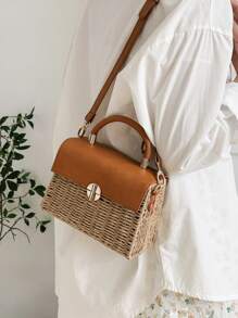 1pc New Straw Woven Shoulder Bag For Women, Bohemia Style, Vacation Travel Beach Tote Handbag With Flap And Lock, Versatile For Daily Use And Holiday - Khaki - View 7