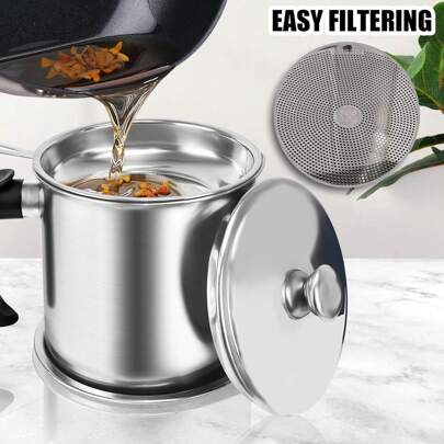 Bacon Grease Container With Strainer, 48 Oz Stainless Steel Oil Container, Pot Fat Storage With Lid, Easy Grip Handle Suitable For Storing Frying Oil And Cooking Grease