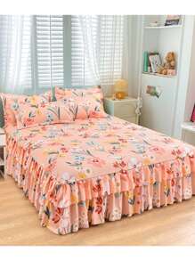 3-teiliges Bettvolant-Set (1 Stück Bettvolant + 2 Stücke Kissenbezüge), rüschenverzierten Bettvolant, weich & atmungsaktiv, geeignet für dekorative Bettwäsche im Schlafzimmer