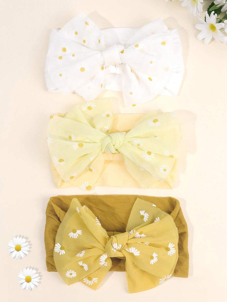 3件套雏菊发箍，可爱花朵蝴蝶结发箍，白色雪纺蝴蝶结发箍，弹性发圈，儿童及婴儿发饰 - 彩色 - 查看 1