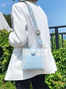 女士百搭斜挎包，春季新款时尚格纹小方包，拼色单肩包，高端休闲独特个性包包 - 淺藍色 - 查看 4