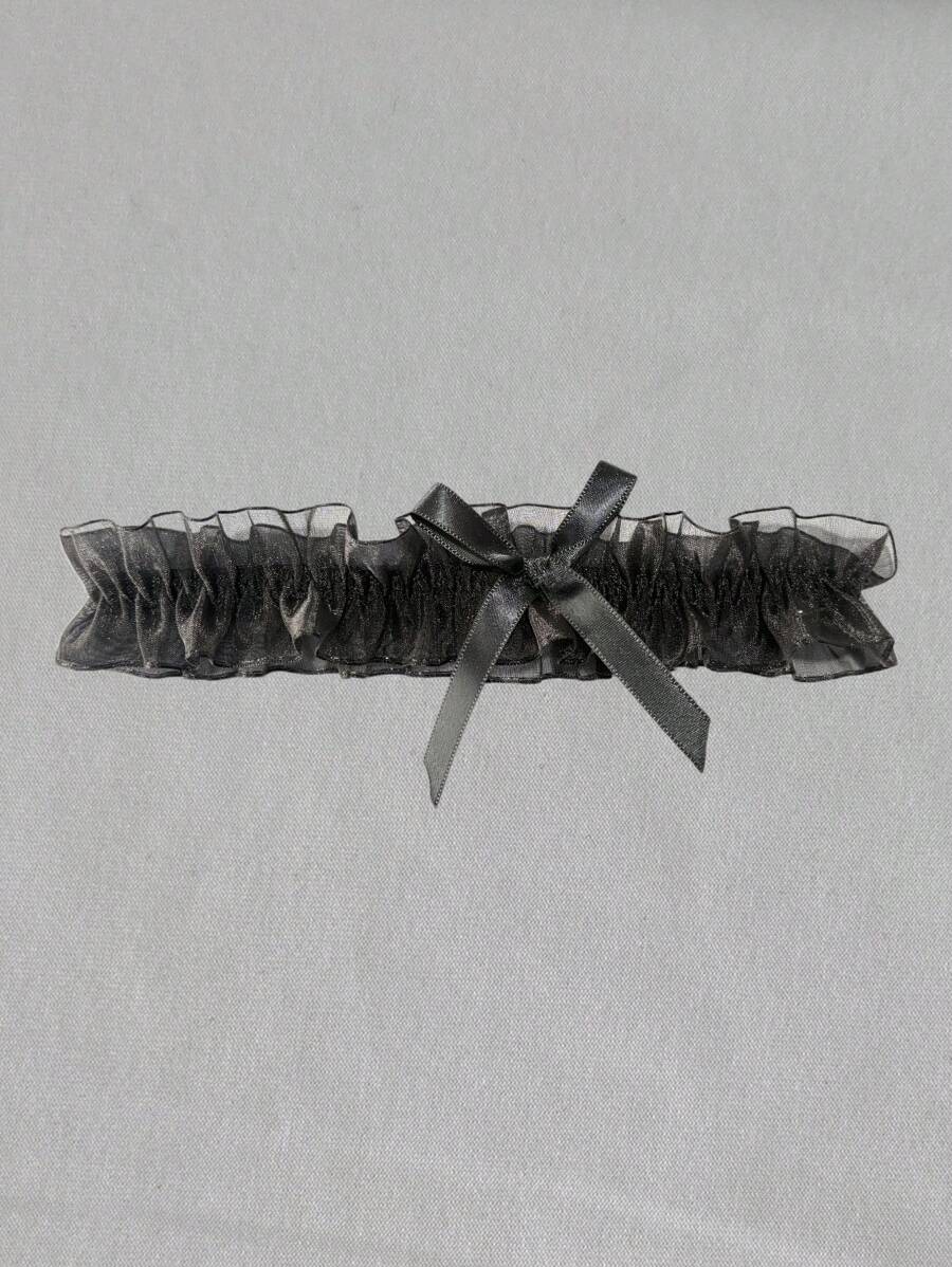 性感蕾丝吊袜带，带蝴蝶结，弹性大腿袜，新娘婚礼配饰，颈链和腿环，狂野 - 黑色 - 查看 1