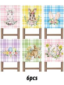 6Pcs Easter Chair Cover Watercolor Bunny Flower Eggs Easter Chair Back Covers Rabbit Spring Decorative Case Buffalo Plaid Farmhouse Decorations For Kitchen Wedding Party Decor