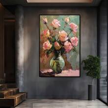 Peinture à l'huile de roses roses dans un vase vert. Grande peinture murale encadrée en bois, décoration d'intérieur, peinture à l'huile - Chambre, salle de bain, salon, bureau, cuisine, cadeaux de Noël - 1 pièce