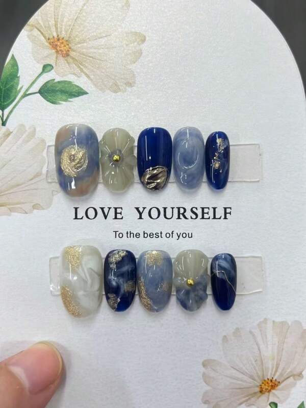 10pcs Handmade Press-On Nails Set - Short Oval, Blue & Golden Aura With 3D Floral Accents, Glossy Finish Acrylic Fake Nails - "LOVE YOURSELF" Inspirational Design, Handmade Nails
