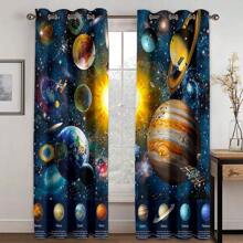 2pcs Space Planet Printed Sheer Curtains, UV Protection, Machine Washable Polyester For Living Room, Bedroom, Kitchen, Cafe, Balcony And Garden Decoration - Multicolor - View 4