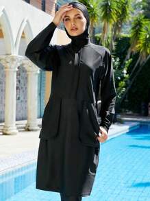 Women Modest Muslim Swimsuit Full Coverage Swimwear Islamic Hijab Swimming Burkini Swim Suit Solid Color Vacation - Black - View 5