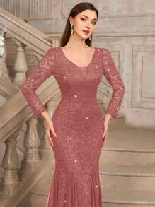 MIUSOL Đầm dạ hội/đầm dự tiệc cưới/đầm trang trọng, cổ chữ V sâu, tay dài, chất liệu lưới, phối ren hoa, đính sequin, dáng đuôi cá, thích hợp cho tiệc Valentine mùa xuân thanh lịch. - Bụi hồng - Xem 9