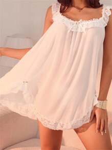 Women's 2 Piece Mesh Sheer Floral Lace Babydoll Slip Dress Nightgowns And Thong Lingerie Set Sexy Chemise Nightdress Briefs - trắng - Xem 3