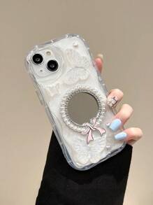Funda de espejo de maquillaje decorativo con mariposa blanca de gota de pegamento, compatible con iPhone 16 Pro Max/15/14/13/12/11, resistente al agua, a los golpes y a los arañazos