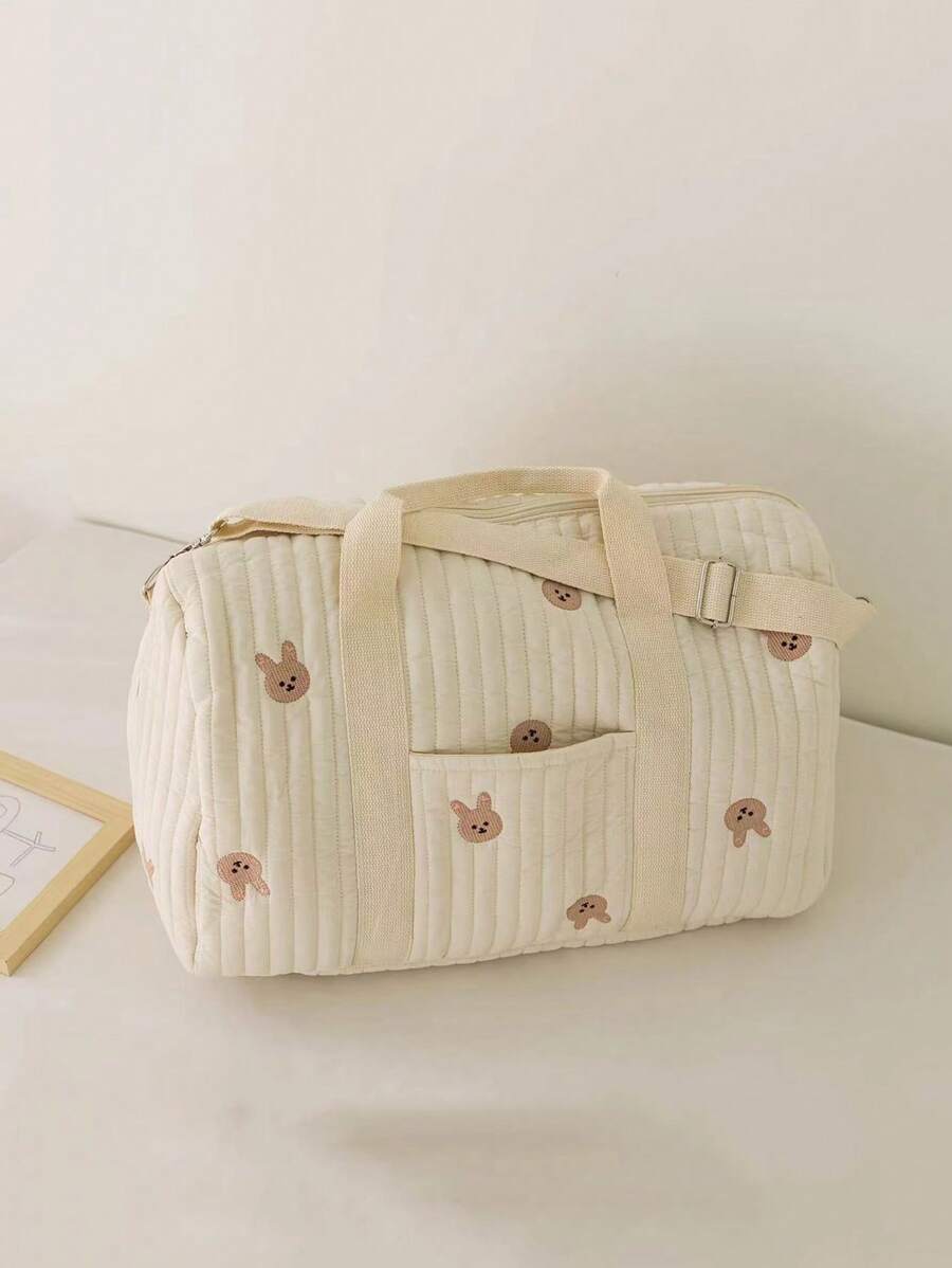 新款韩版刺绣旅行包大容量行李包，轻便收纳手提包和单肩包，波士顿包 - 米色 - 查看 1