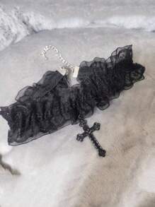 1pc Women Gothic Style Double Layer Lace Cross Collar Necklace, Black And White