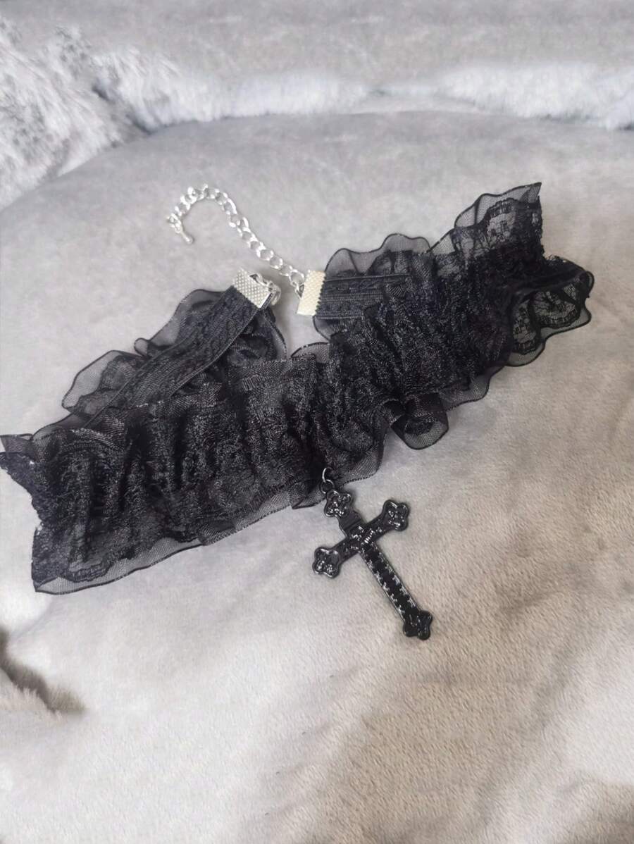 1pc Women Gothic Style Double Layer Lace Cross Collar Necklace, Black And White