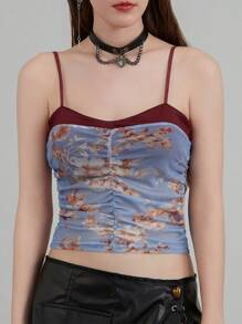 Women Spaghetti Straps Crop Camisole Summer Ruched Backless Solid Color Floral Leopard Sleeveless Tank Tops - 藍色 - 查看 4