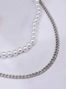 2 pièces/set de colliers avec double couche de faux perles et chaînes d'os de serpent. Ensemble de colliers ras-du-cou personnalisés à la mode. Collier vintage en acier inoxydable pour femmes - Argent - Voir 3