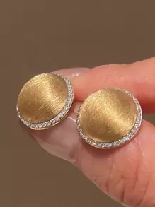 1pc High-End Gold-Color Textured Rhinestone Inlaid Round Stud Earrings, Unique Design Elegant Vintage Style Earrings Suitable For Women Daily Wear - Gold - View 2
