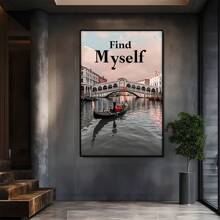 Scena di Venezia con gondola e ponte sull'acqua. Grande dipinto a olio con cornice in legno, decorazione per la casa, dipinto a parete, camera da letto, bagno, soggiorno, ufficio, cucina, regali di Natale - 1 pezzo