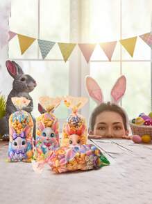 1 包 25 个复活节兔子抽绳礼品袋，可爱的卡通兔子和鸡蛋设计，塑料派对礼品袋，适合盛放糖果和零食 - 非常适合复活节、感恩节和圣诞节 - 彩色 - 查看 5