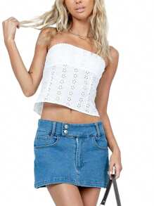 Women Summer Eyelets Bandeau Tube Tops Embroidery Strapless Off Shoulder Backless Hollow Out Crop Tank Tops Y2K Streetwear - 白色 - 查看 2