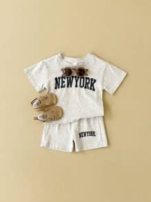 2pcs/Set Infant Boys' Casual Letter Print Short Sleeve T-Shirt + Shorts, Summer
