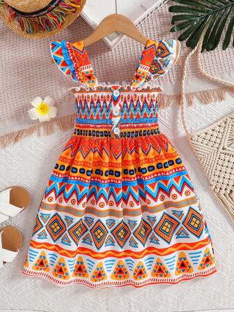年轻女孩几何复古印花吊带背心盖袖连衣裙，时尚休闲，户外，派对装，春夏