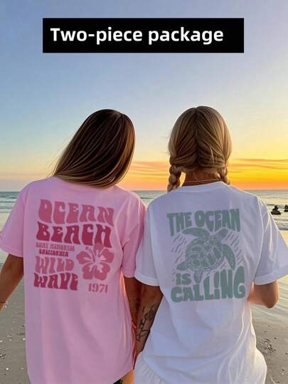 两件套，女式夏季休闲度假风格百搭字母和海龟印花图案圆领短袖T恤。图案T恤女式白色上衣黑色上衣粉色上衣度假装女式