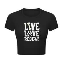 Live Love Rescue - Women's Crop Top T-Shirt For Animal Lovers   Black Short Sleeve Tee With Paw Print Design