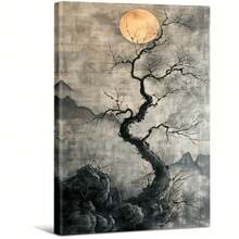 Chinese Ink Painting Of A Tree With Moon And Mountains. Large Wooden Framed Wall Painting Artist Home Decoration Oil Painting - Bedroom, Bathroom, Living Room, Office, Kitchen, Christmas Gifts - 1 Piece