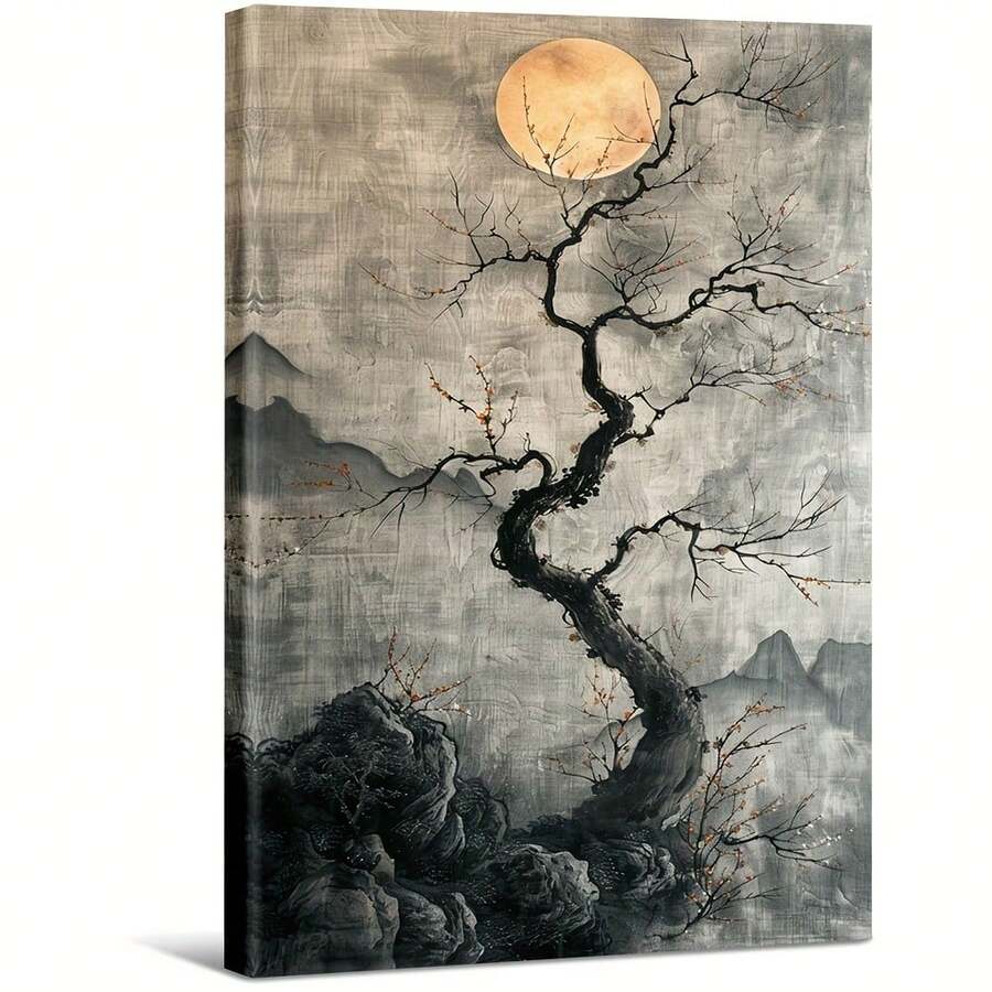 Chinese Ink Painting Of A Tree With Moon And Mountains. Large Wooden Framed Wall Painting Artist Home Decoration Oil Painting - Bedroom, Bathroom, Living Room, Office, Kitchen, Christmas Gifts - 1 Piece