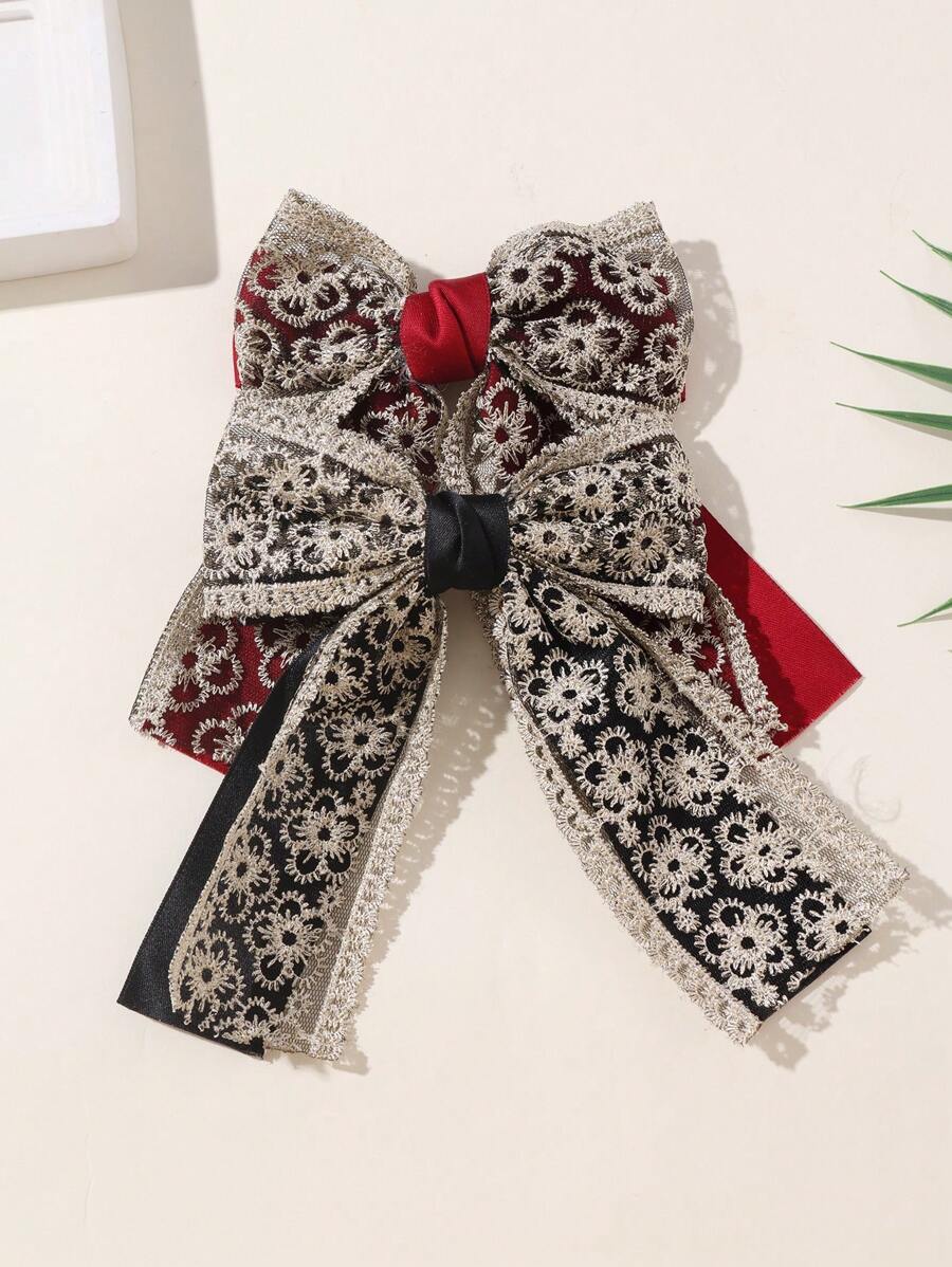 2 件简约双层蝴蝶结和花朵印花发夹，适合女性参加派对和活动，发饰，夏季配饰，旅行 - 彩色 - 查看 1