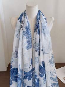 1pc Women's Fashion Ditsy Floral Tasseled Elegant Scarf, Versatile For Beach, Shawl, Headwrap, Suitable For Vacation, Party, Dating, Travel - Blue - View 3